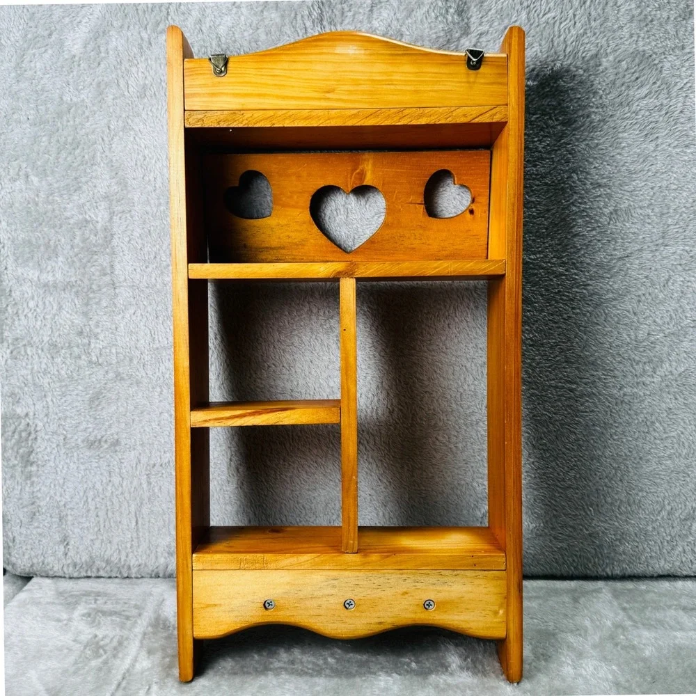 Vintage 80s Wood Wall Shelf Heart Cutout Curio Display 3 Pegs Cottagecore